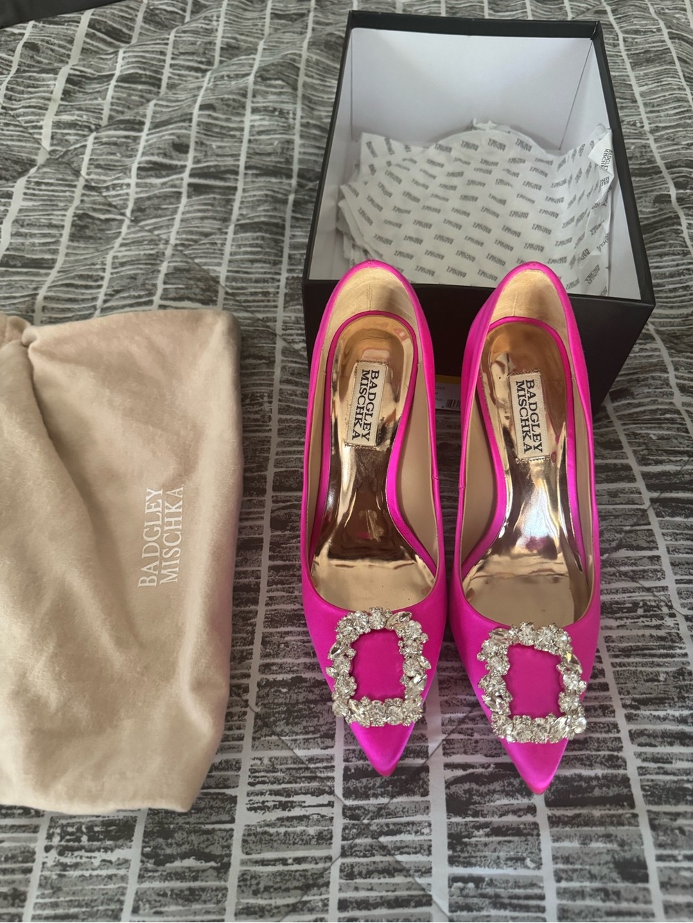 Badgley Mischka Hot Pink Satin Pointed Toe Embellished Pumps